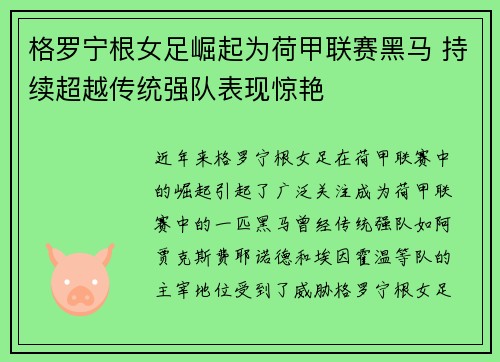 格罗宁根女足崛起为荷甲联赛黑马 持续超越传统强队表现惊艳